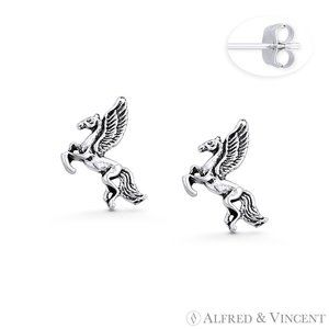 Rearing Pegasus Greek Mythology Charm Stud Earrings in .925 Sterling Silver